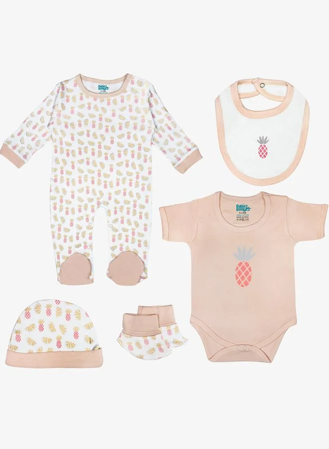 Babies Basic 5-Piece 100% Cotton Bib, Romper, Mittens, Cap and Sleepsuit Set